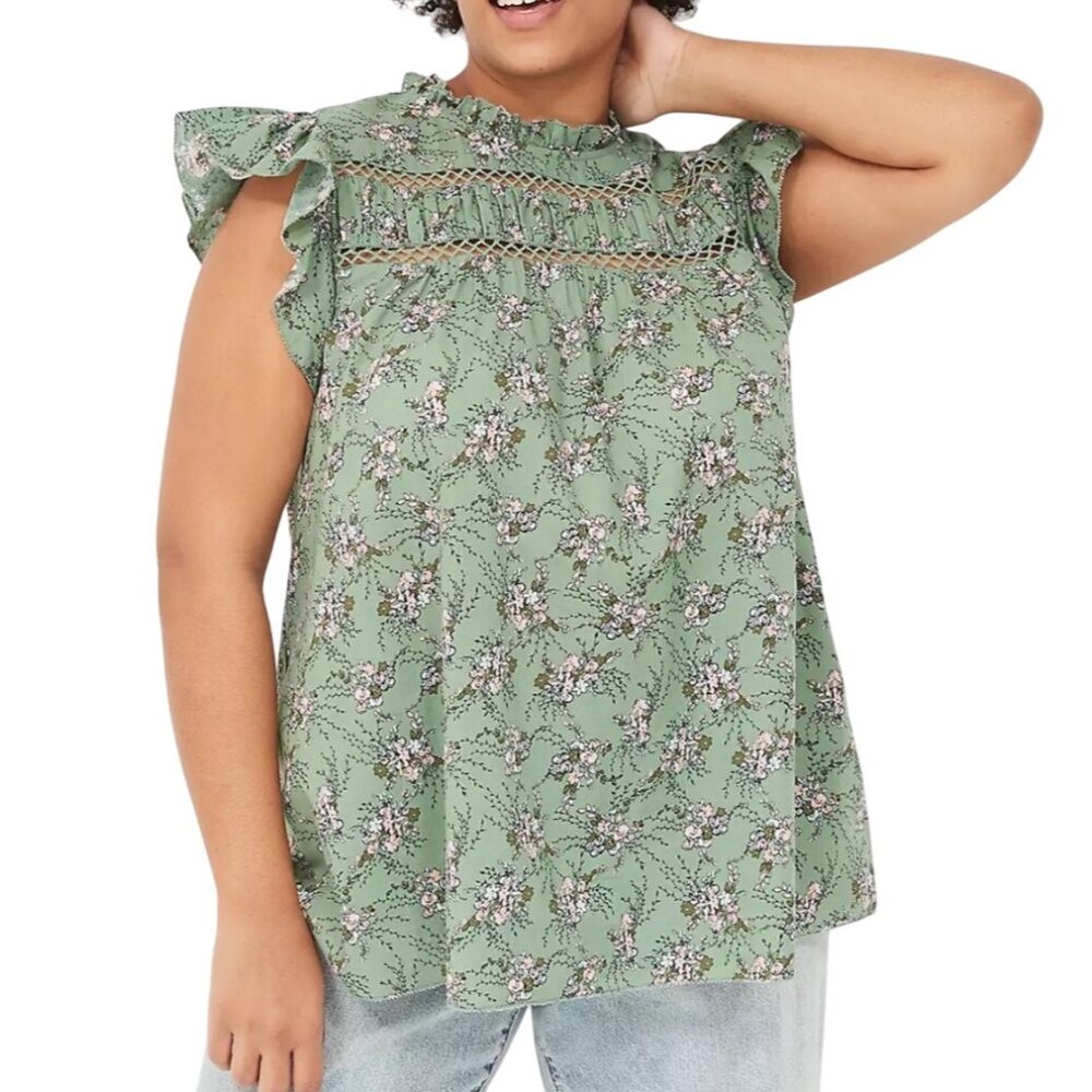 Lane Bryant Green Floral Ruffle Sleeve Cotton Blouse Size 20 Womens boho flowy